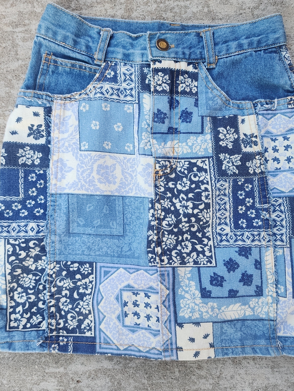 Vintage 90s Francine Browner Patchwork Blue Denim Skirt, Floral Bandana, Kids 10